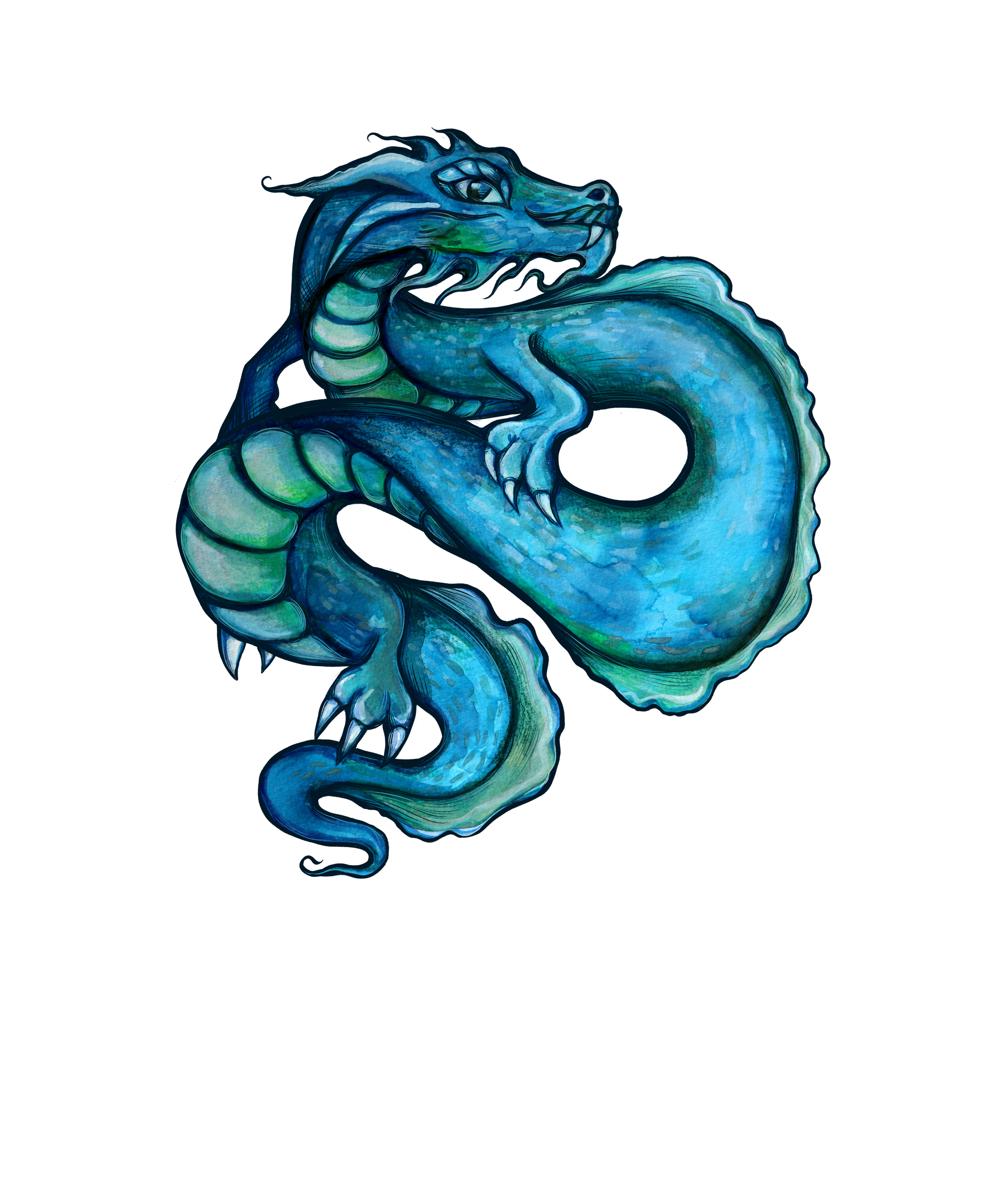A detailed, artistic depiction of a blue and green dragon with intricate scales, sharp claws, and a fierce expression, set against a black background.