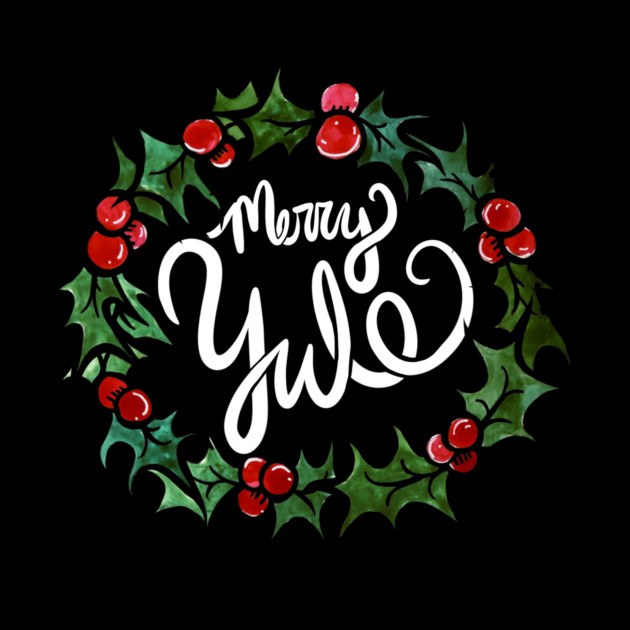 Holiday wreath with holly leaves and red berries surrounding the text 'Merry yule' written in white cursive on a black background.