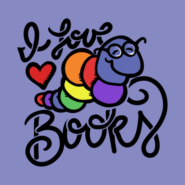 A colorful cartoon caterpillar with a smiling face and glasses, along with the text 'I love reading' and a red heart on a purple background.