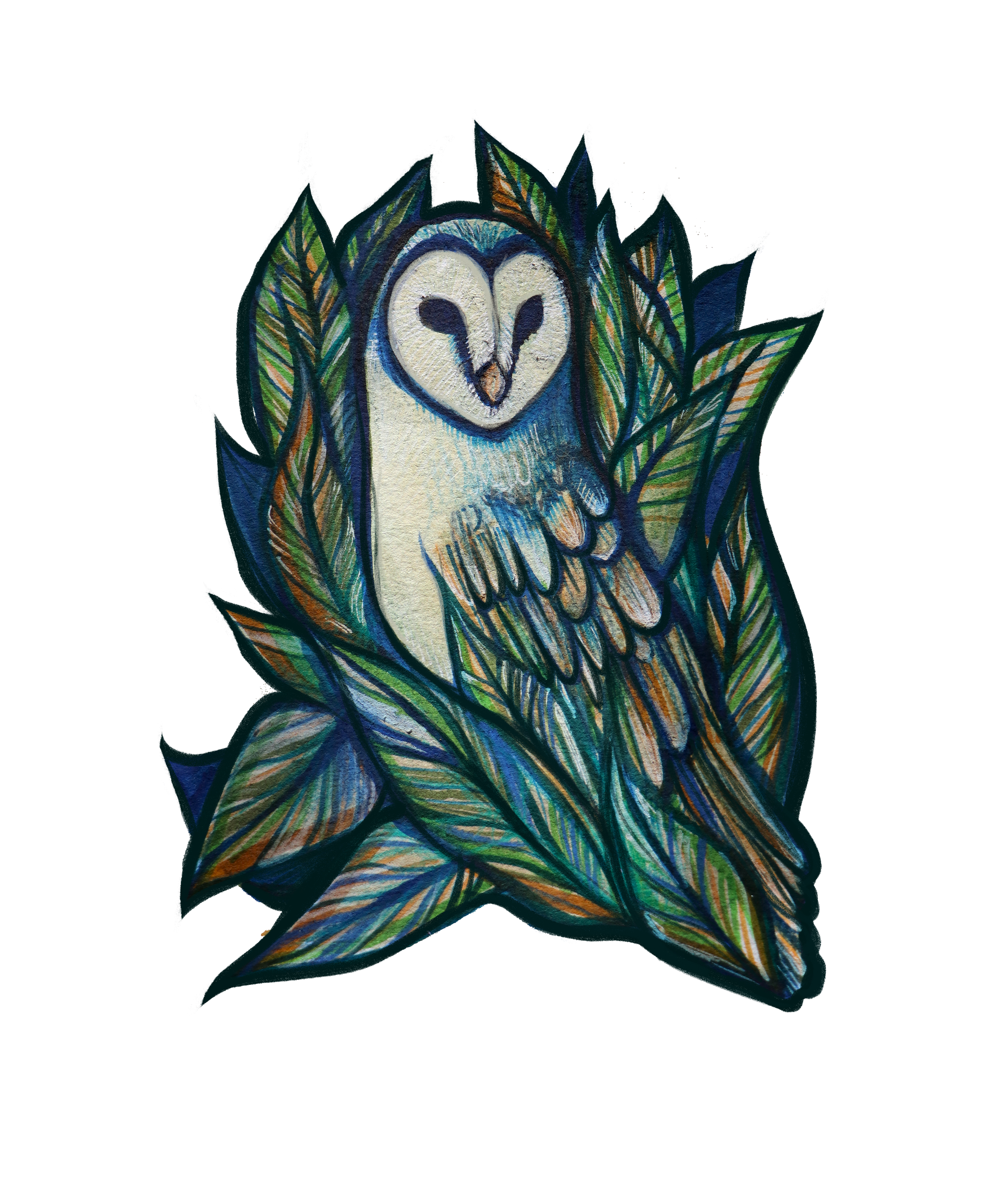 Illustration of an owl surrounded by colorful leaves, stylized with vibrant greens, blues, and browns.