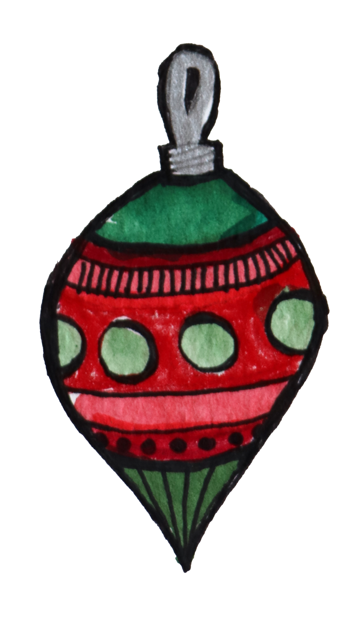 Hand-drawn Christmas ornament with red, green, and black colors, featuring polka dot and striped patterns.