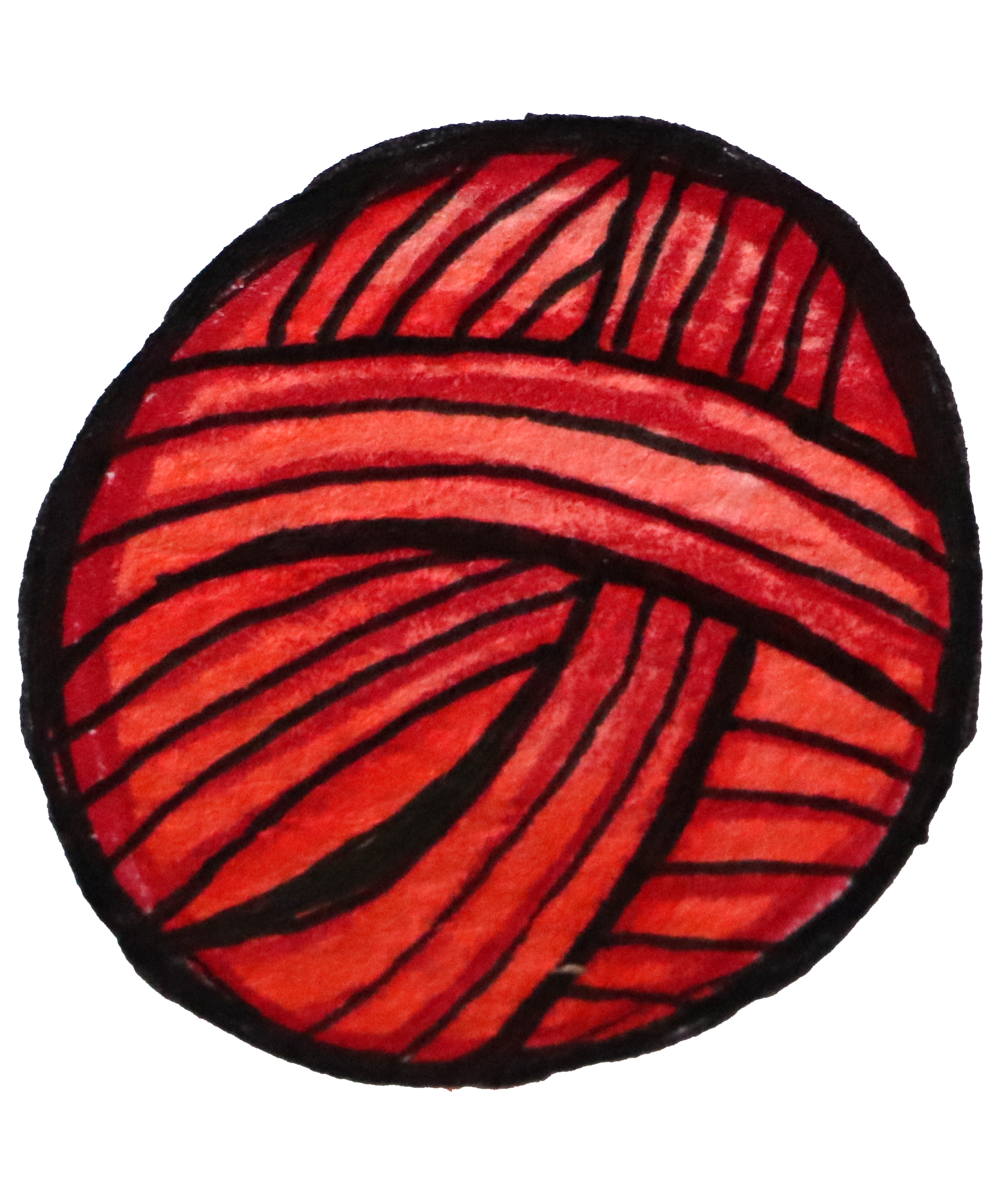 Close-up of a yarn ball with red and black striped pattern, possible decorative or fabric item.