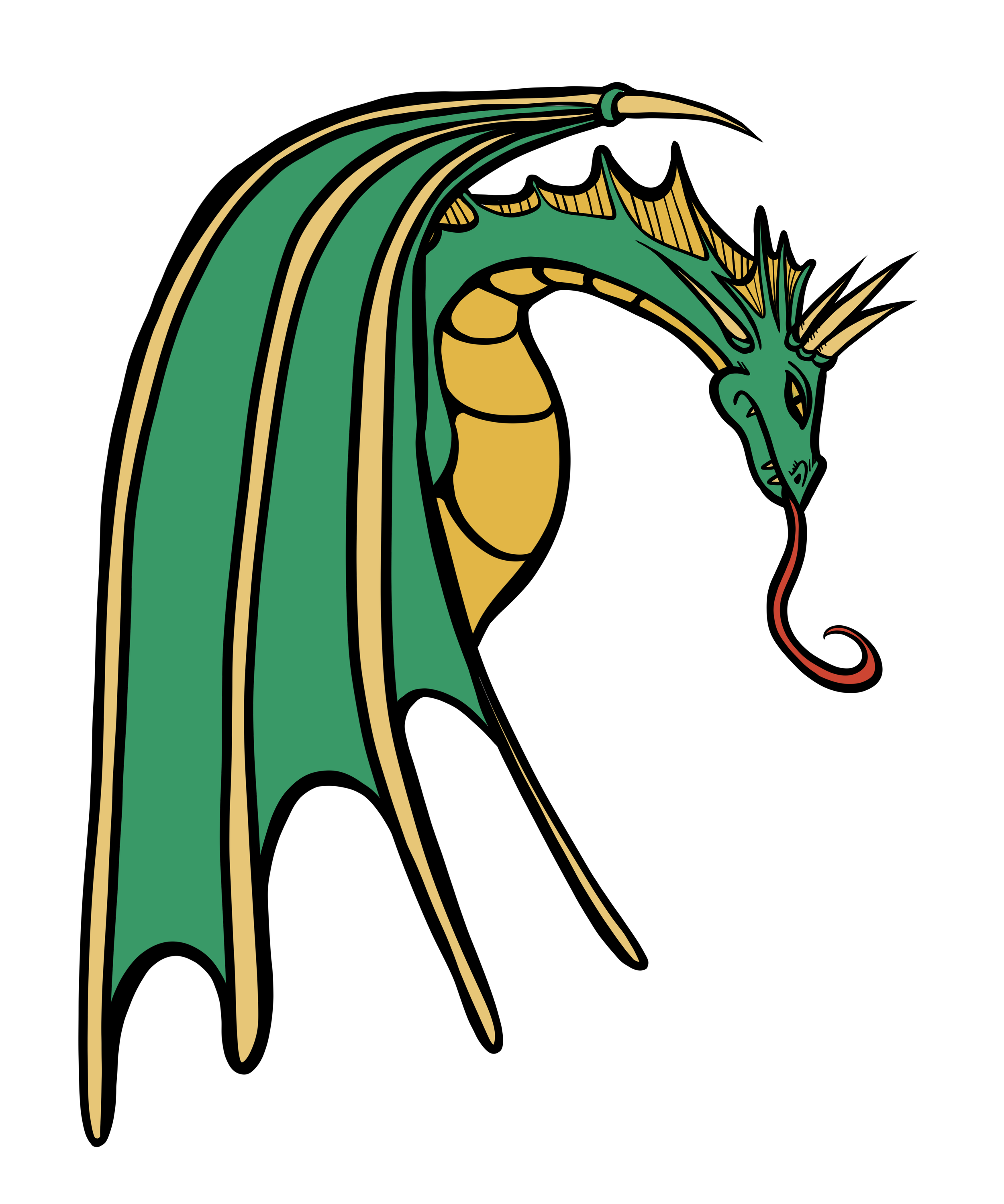 A stylized illustration of a dragon with green wings, a yellow underbelly, and a long red tongue.