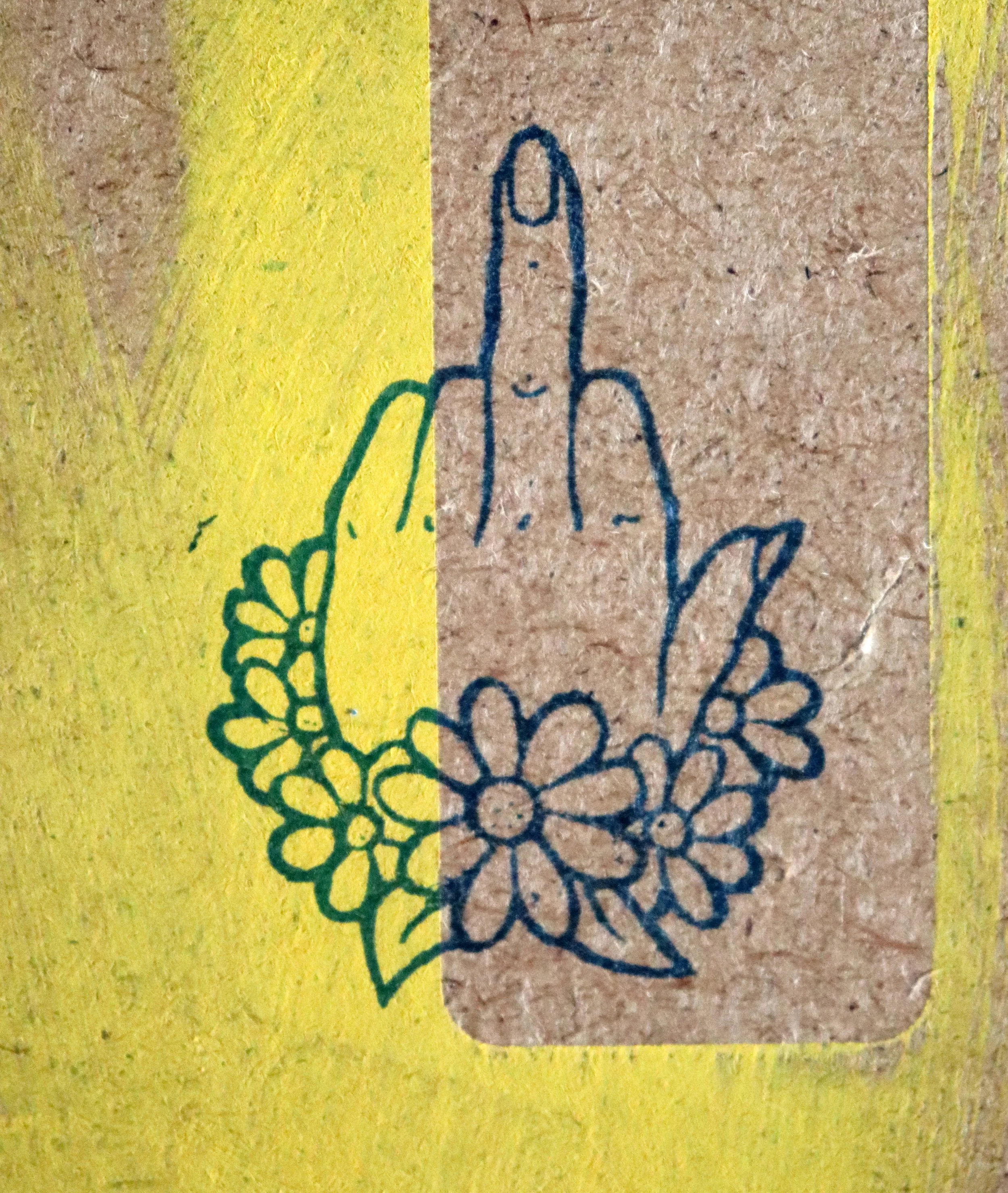 A hand-drawn illustration of a smiling middle finger surrounded by flowers on a textured background.