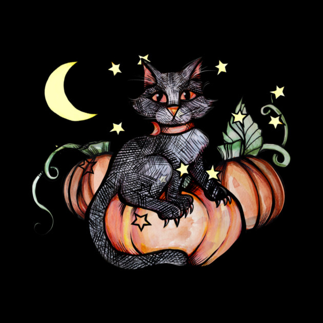 A black cat with orange eyes sitting on a pumpkin surrounded by stars, a crescent moon, and green vines against a black background.