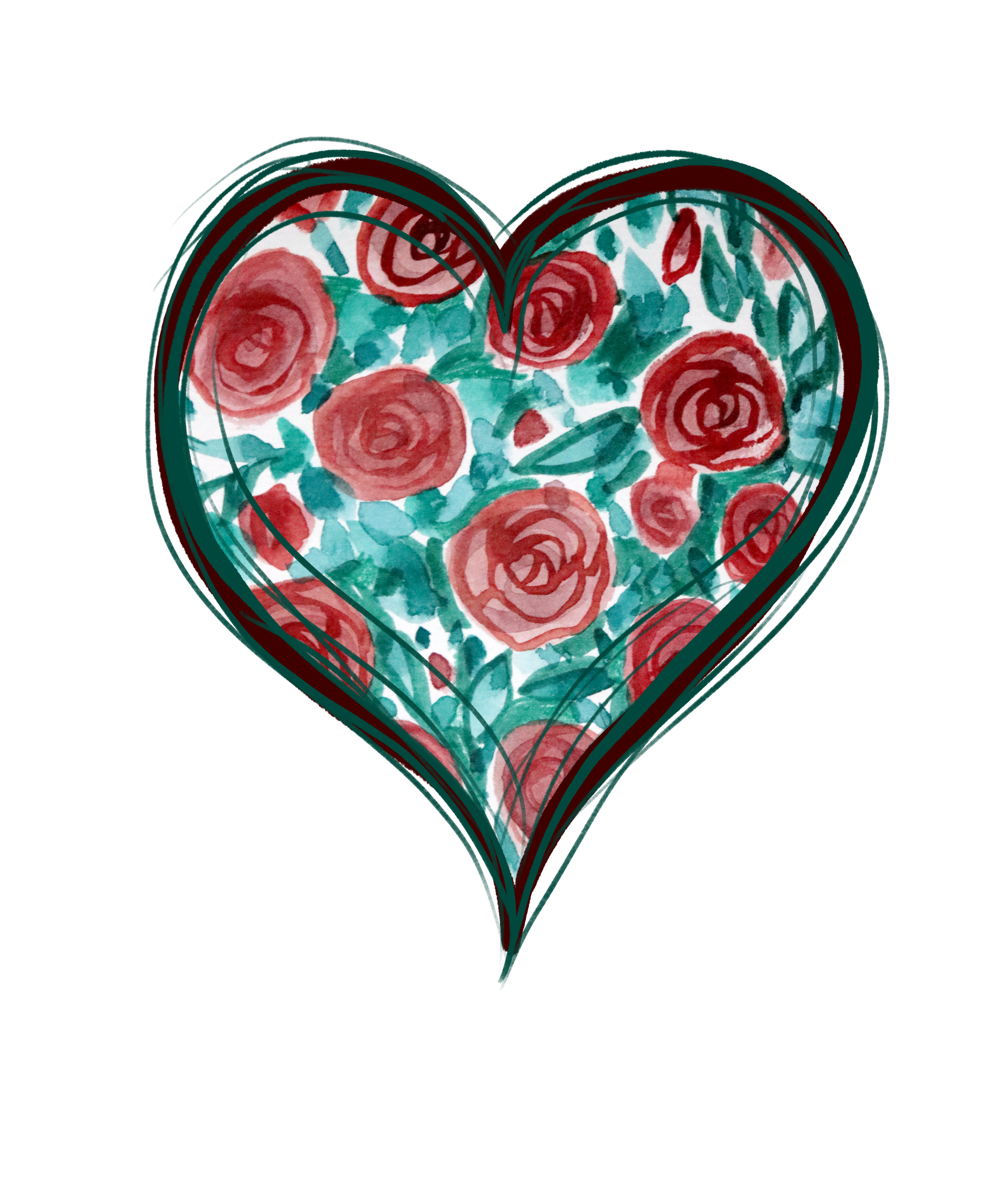 Watercolor illustration of a heart filled with red roses and green leaves, outlined with dark sketch lines.