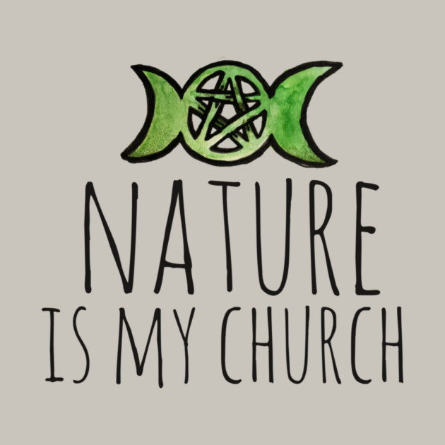 Hand-drawn green fish with a pentagram inside, above the text "NATURE IS MY CHURCH" on a gray background.