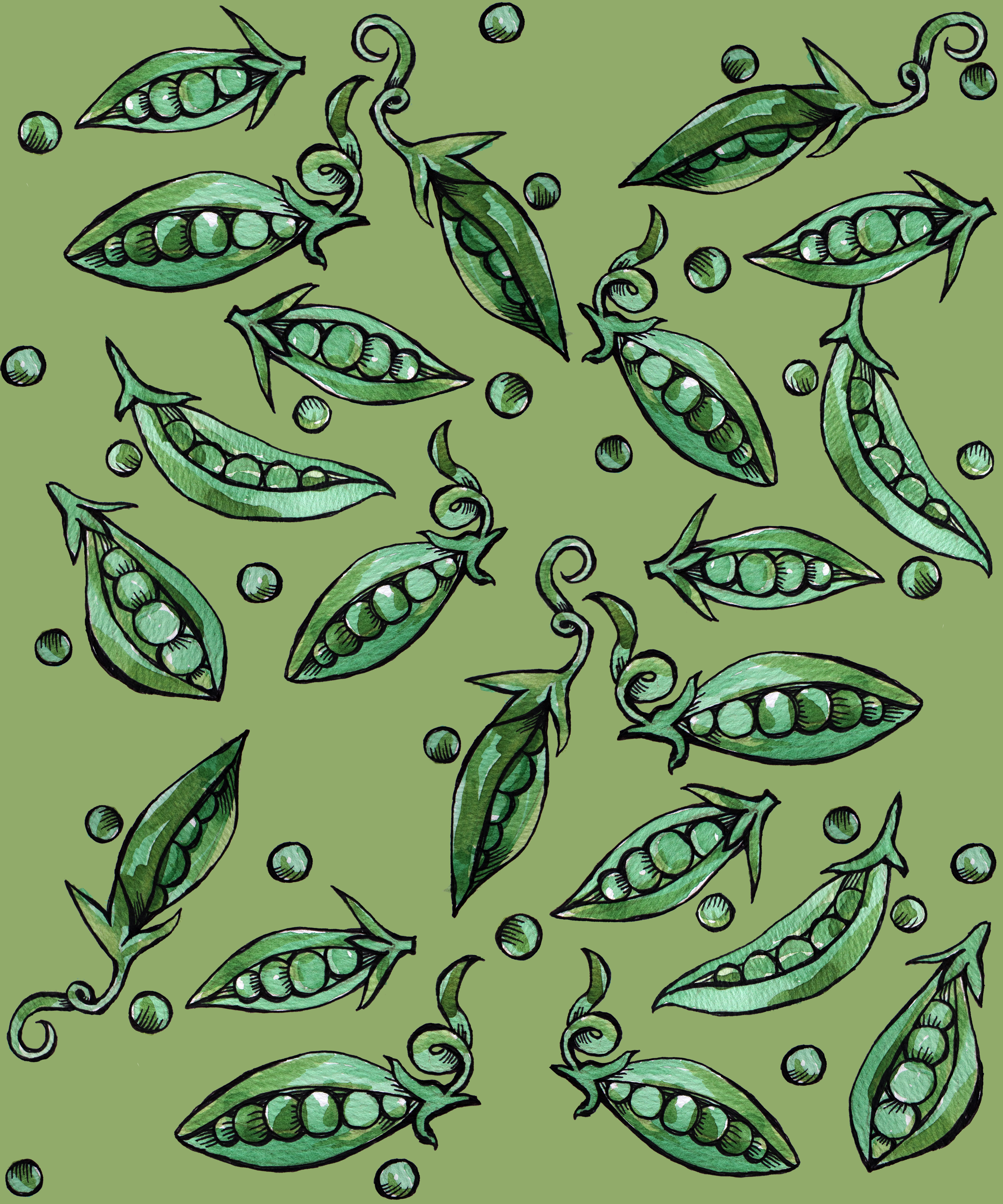 Pattern of green pea pods and round peas on a green background.