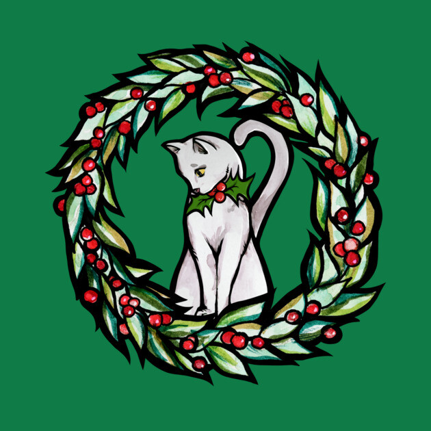 White cat with a holly collar sitting inside a wreath made of green leaves and red berries on a green background.