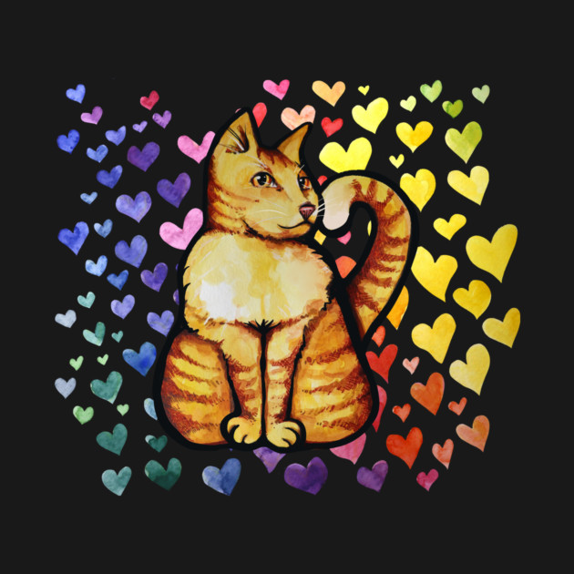 A watercolor illustration of a tabby cat with orange and brown fur, sitting against a black background. The cat is surrounded by colorful hearts in rainbow hues.