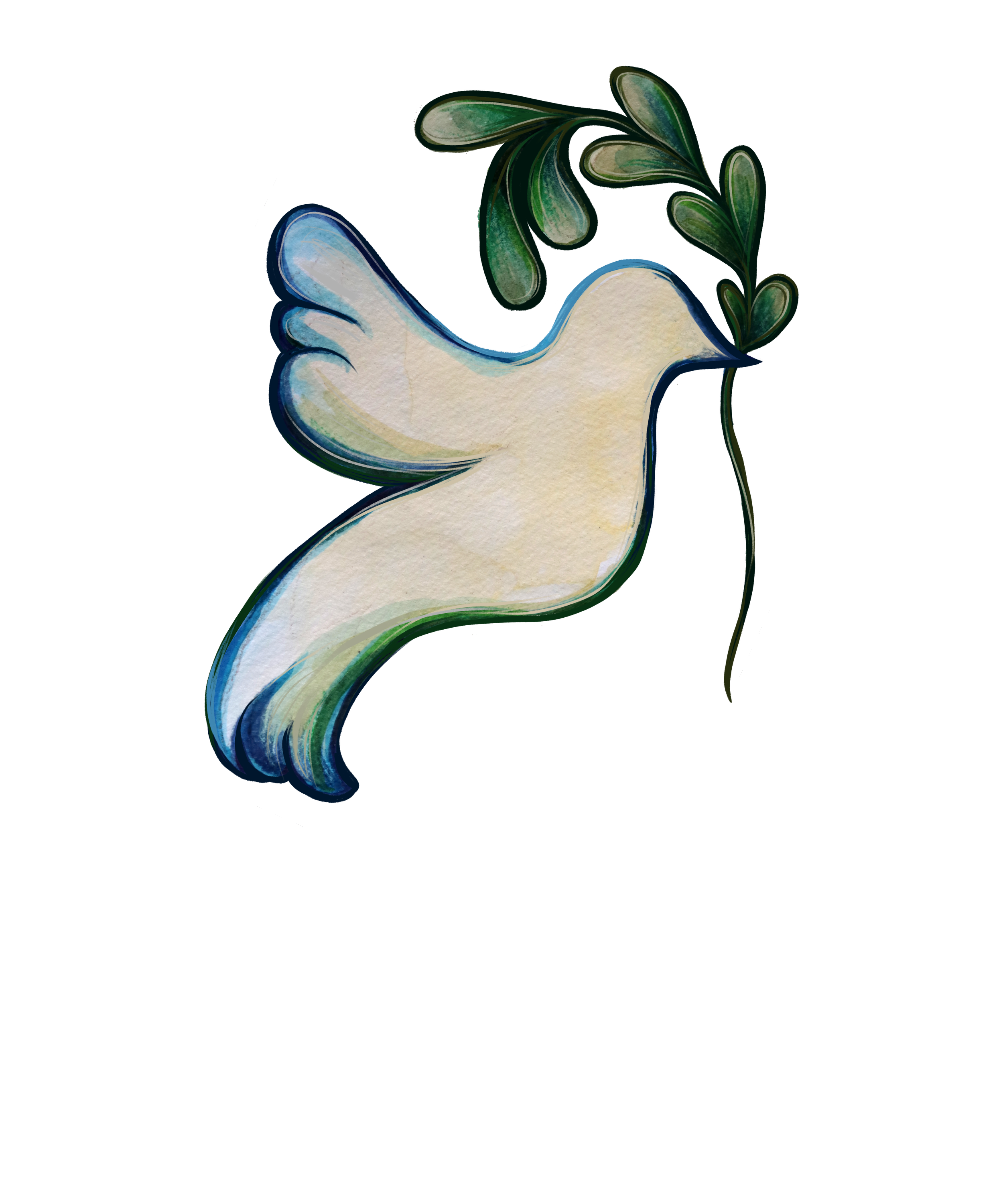 A stylized illustration of a white dove holding a green olive branch in its beak.