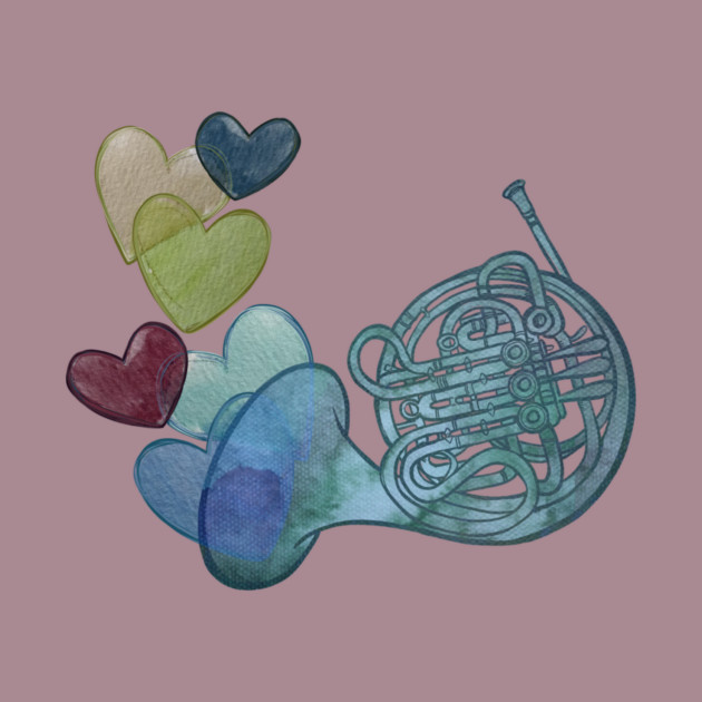 Illustration of a French horn with colorful hearts emerging from its bell against a pink background.
