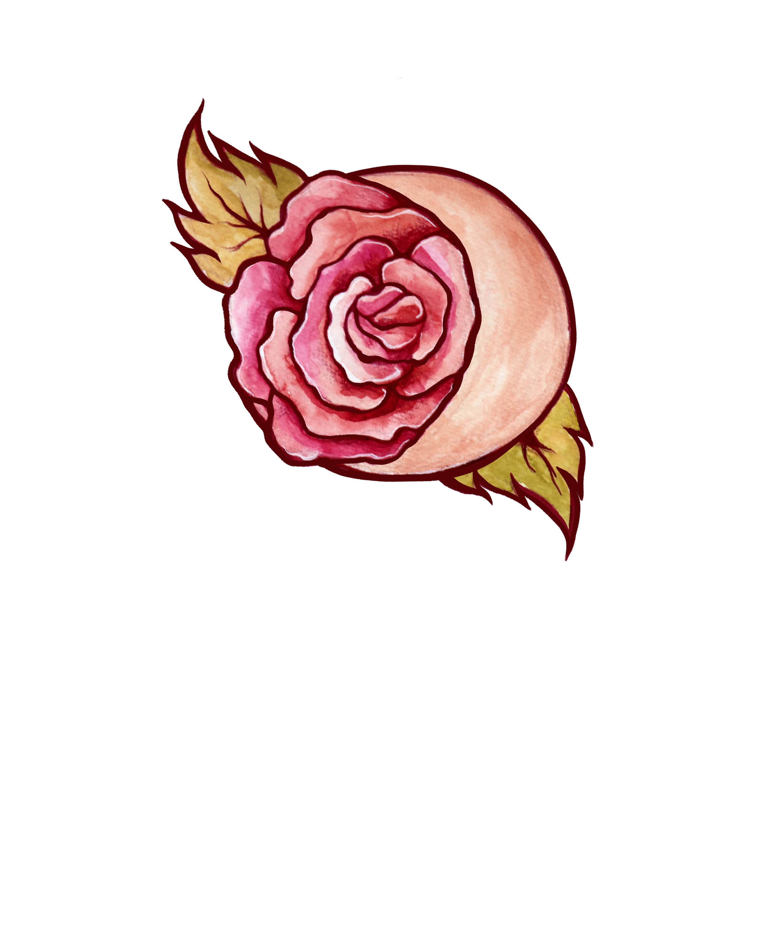 Watercolor illustration of a pink rose with green leaves and a peach-colored moon in the background.