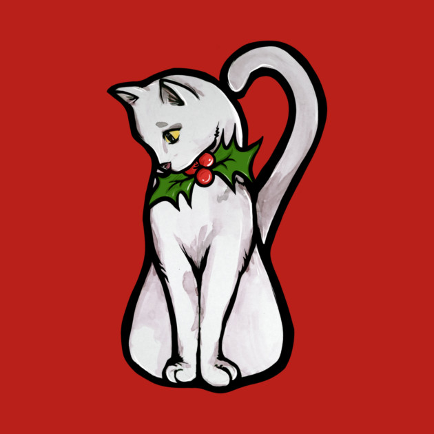 A white cartoon cat with a holly wreath around its neck on a red background.