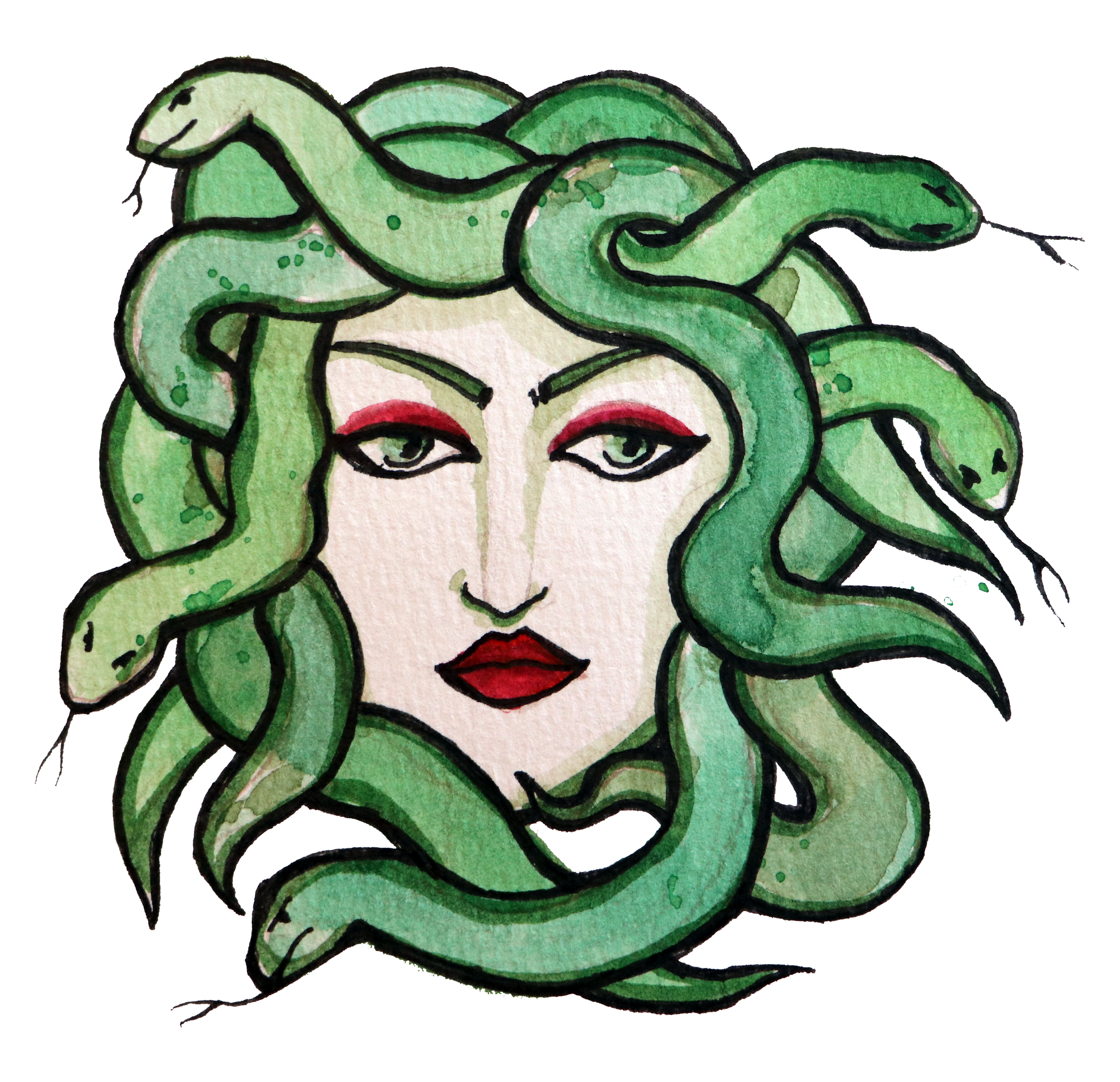 A watercolor illustration of a woman's face with green snakes as hair, red lips, and eyes with dark eyeliner.