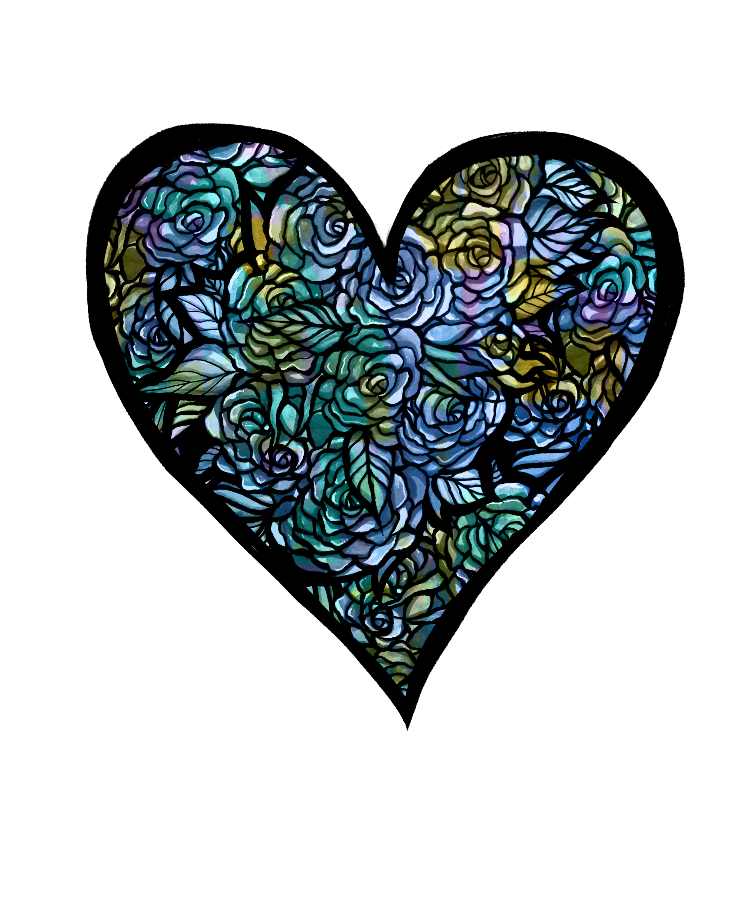 Stylized heart made of stained glass roses and leaves on black background.