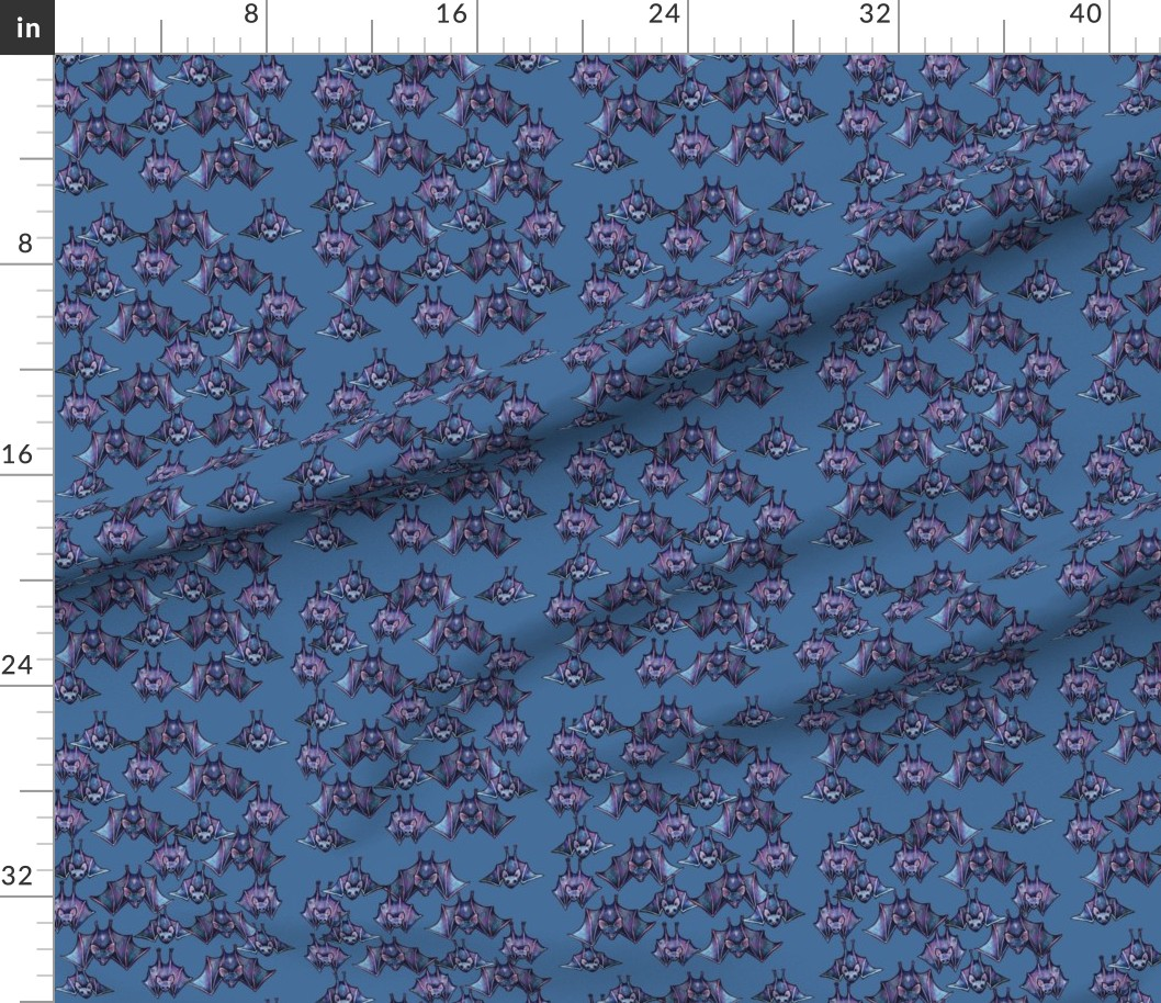 Pattern of purple and black bats on a blue background with a ruler scale.