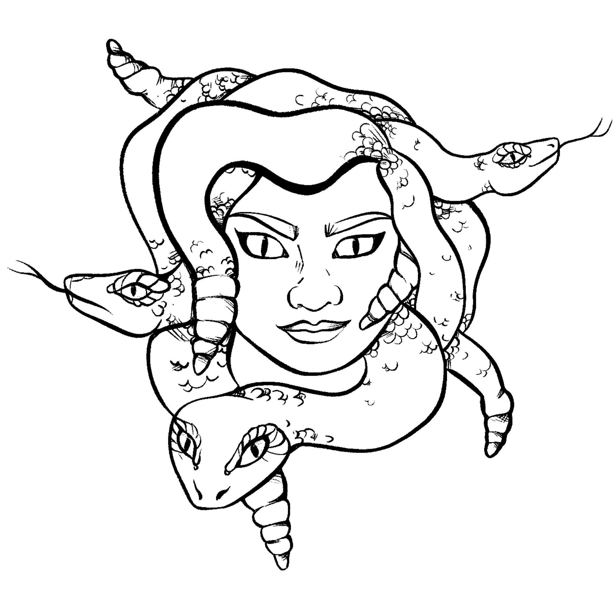 Black and white line drawing of a child's face with hands holding their head, detailed with curls, almond-shaped eyes, and a gentle smile.