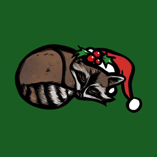 A raccoon curled up sleeping on a green background, wearing a Santa hat with holly berries.