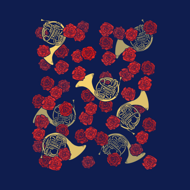 Pattern of French horns, red roses, and crescent moons on a dark blue background.