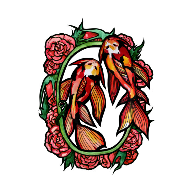 Two colorful koi fish swimming around a green vine, surrounded by pink roses and green leaves, in a tattoo-style illustration.