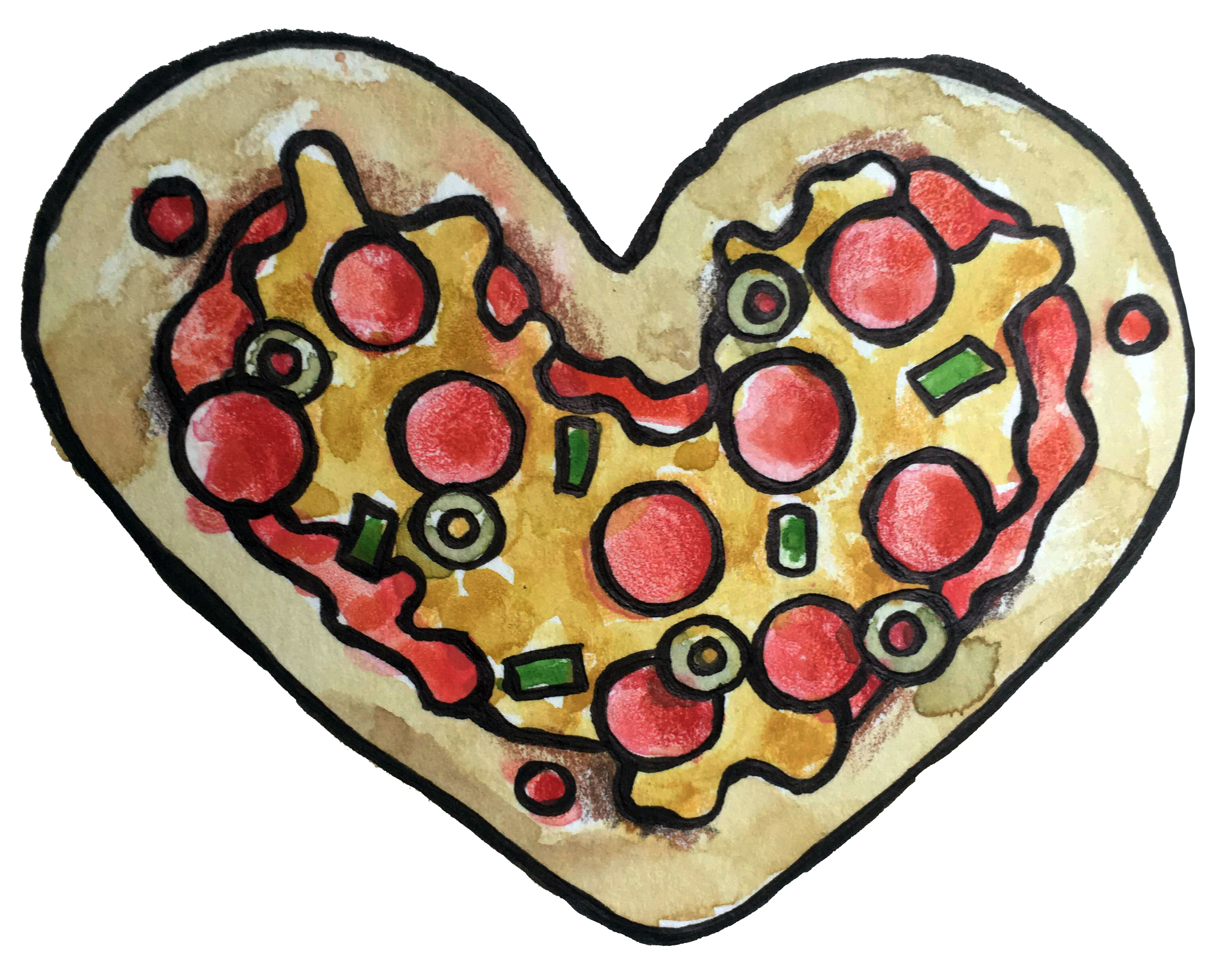 Colorful patch of pizza with pepperoni and green peppers, black outline, on a white background.
