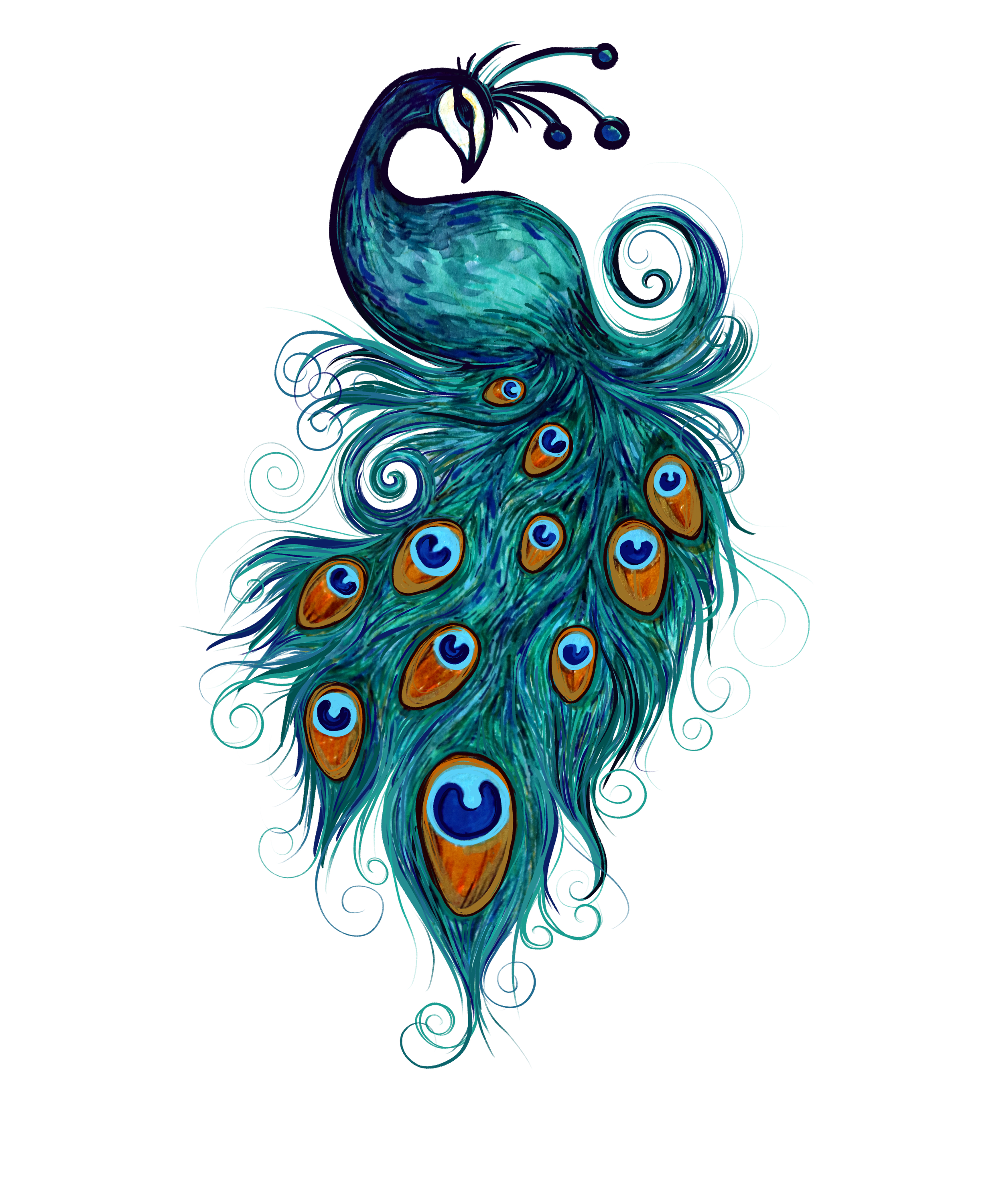 Stylized illustration of a peacock with vibrant blue, green, and orange feathers against a black background.