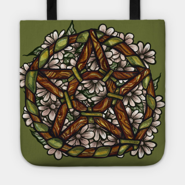 Green tote bag with a stained glass-style design of a pentagram made of sticks surrounded by white daisies and green leaves.