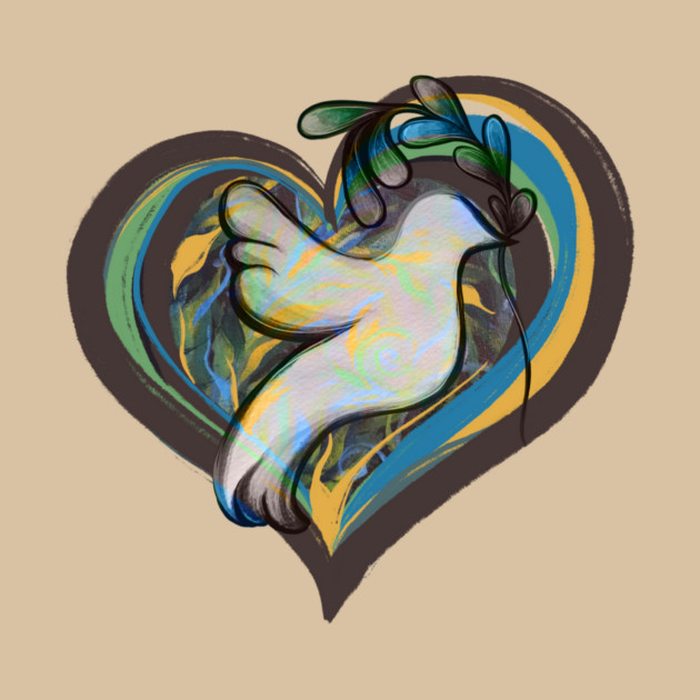 A colorful, abstract illustration of a dove inside a heart outline.