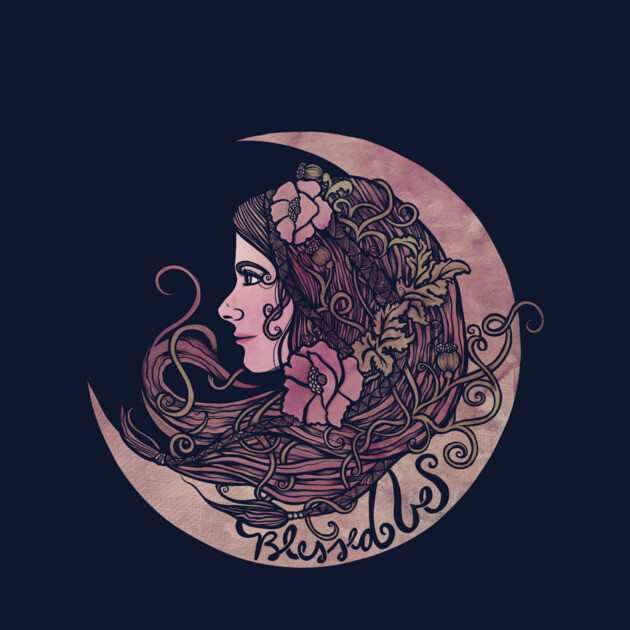Illustration of a woman with long hair intertwined with flowers and vines, sitting within a crescent moon, with the word "Blessed" written below.