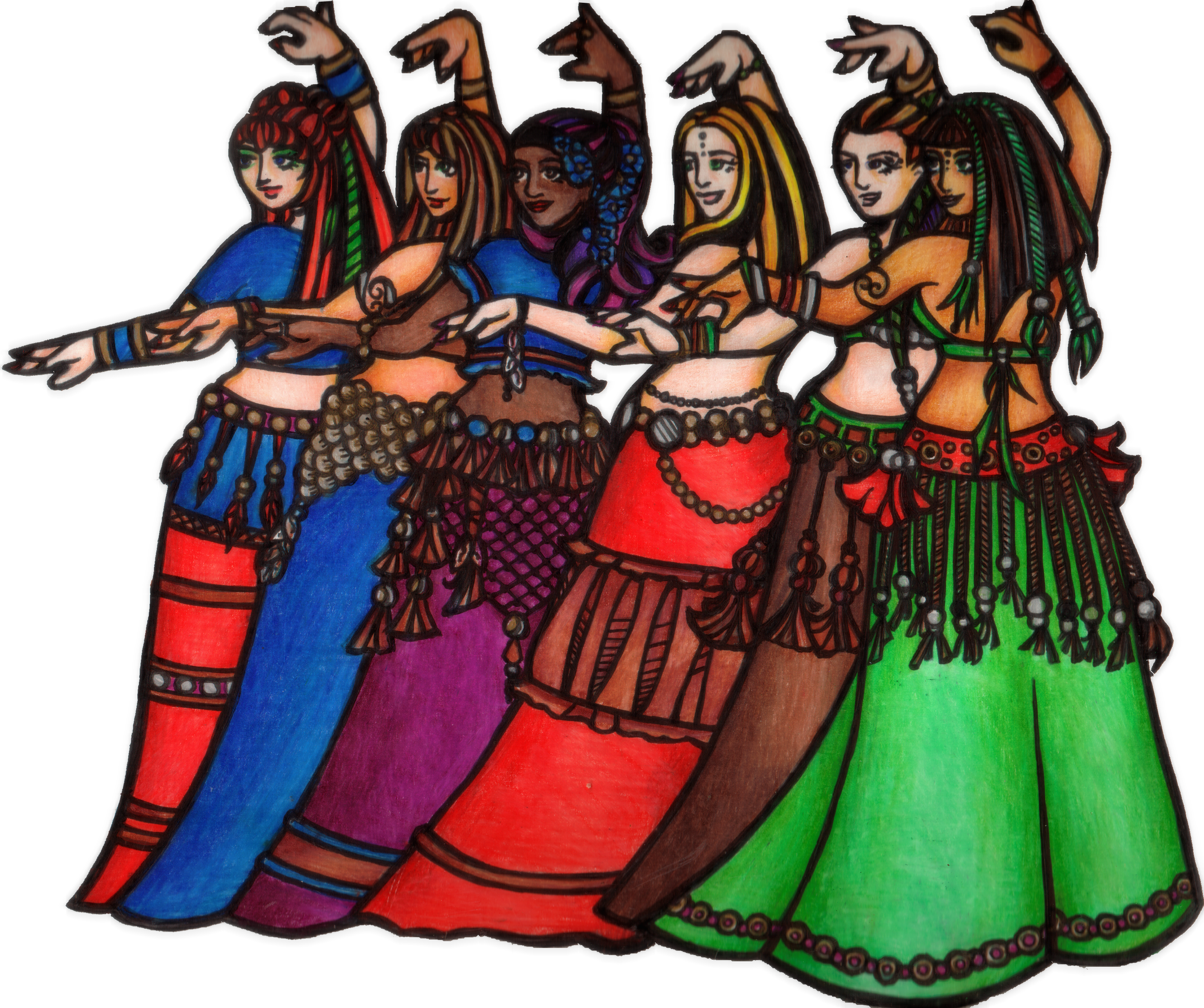 Drawing of six women in colorful hula skirts and tops, performing a dance together with arms extended and wearing traditional Hawaiian accessories.