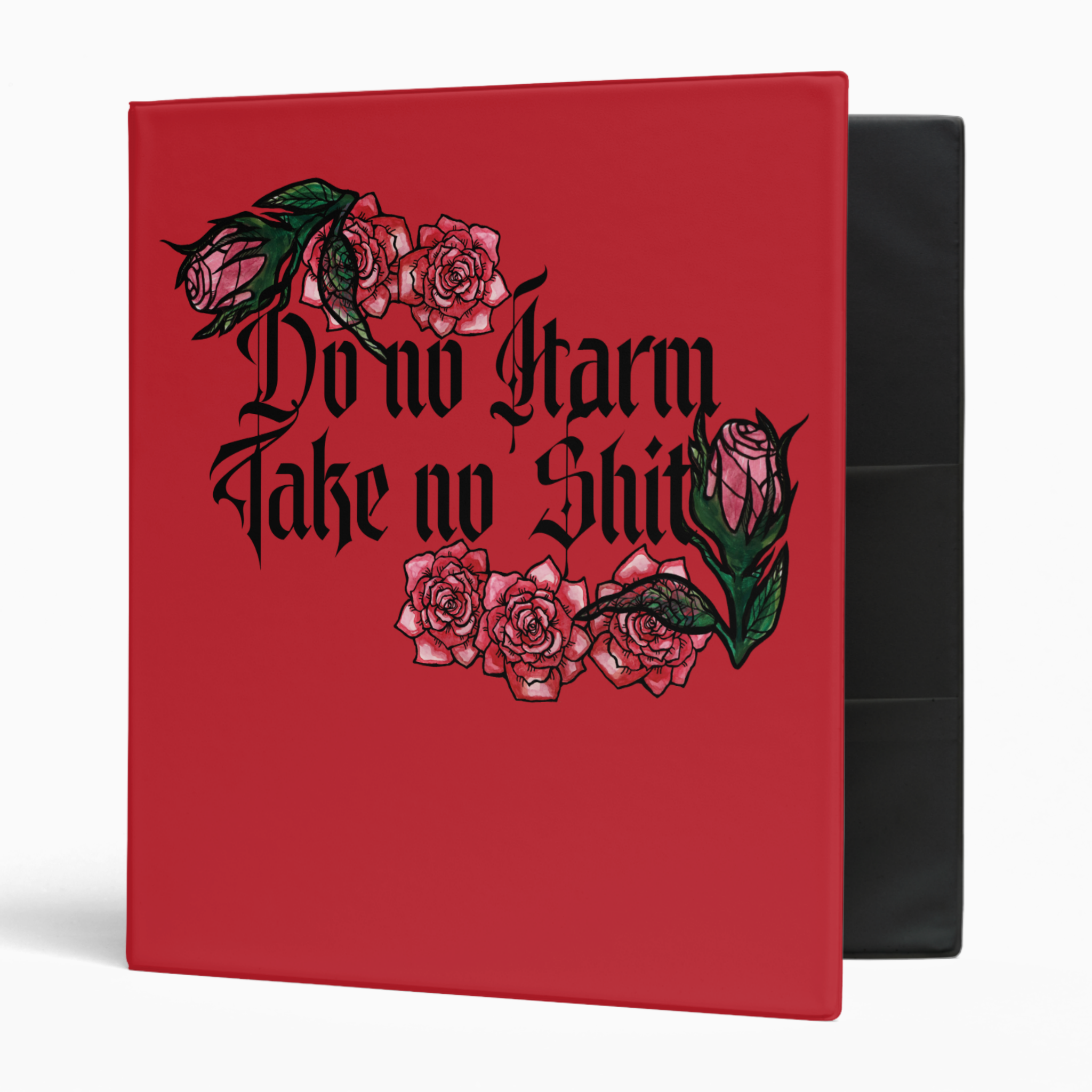 Red book with black gothic text and pink roses on the cover, partially open revealing black pages.
