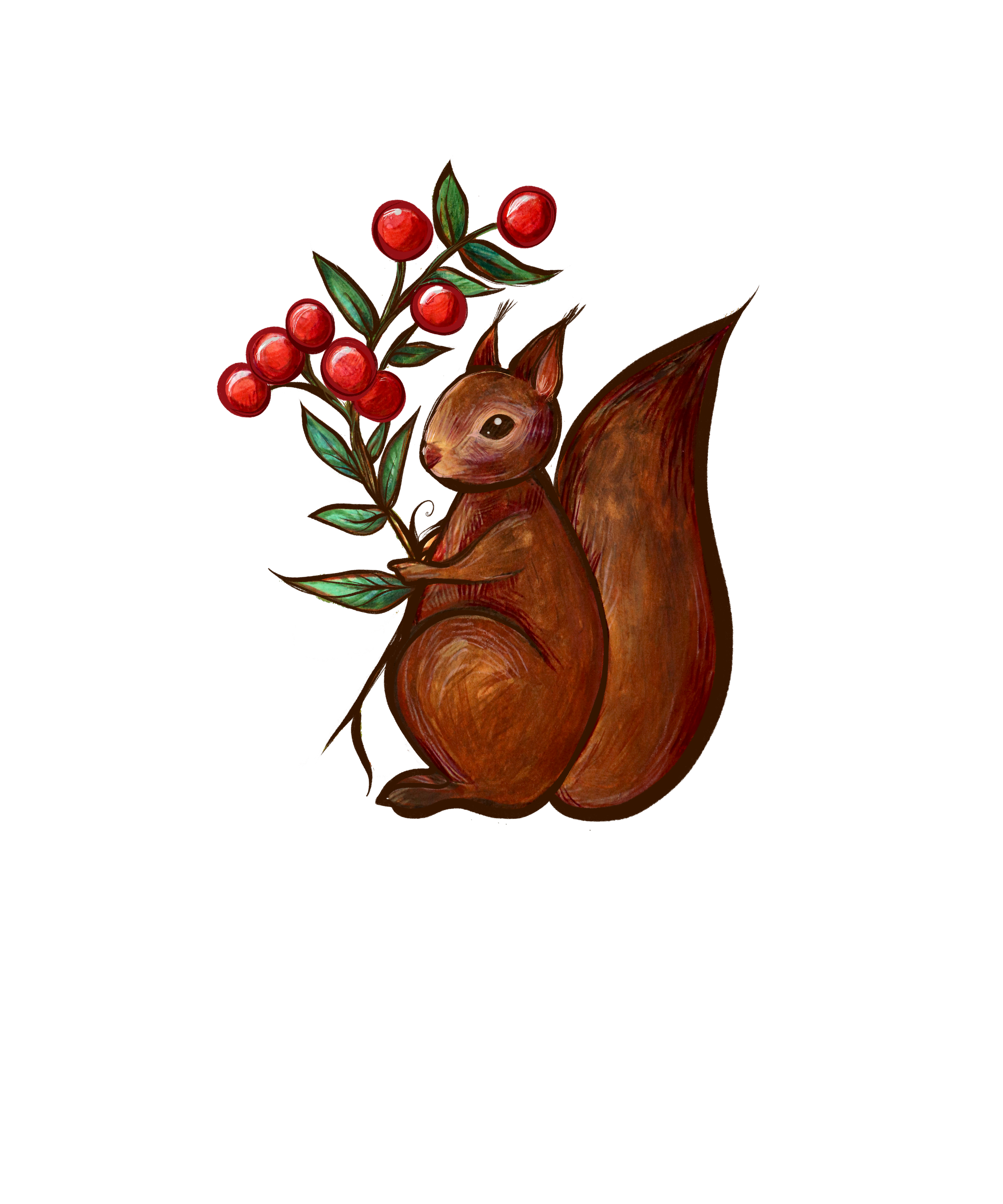 A watercolor painting of a squirrel holding a branch with red berries and green leaves.