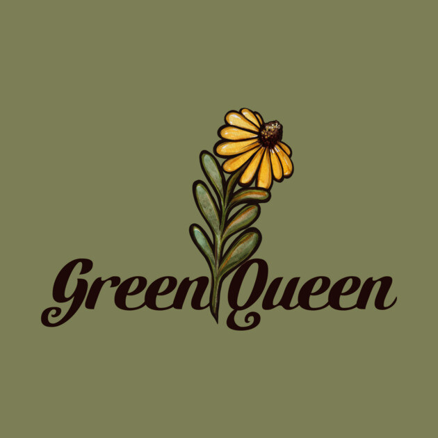 A logo with a yellow flower with a dark center and green leaves, above the words 'Green Queen' in cursive black font on a muted green background.