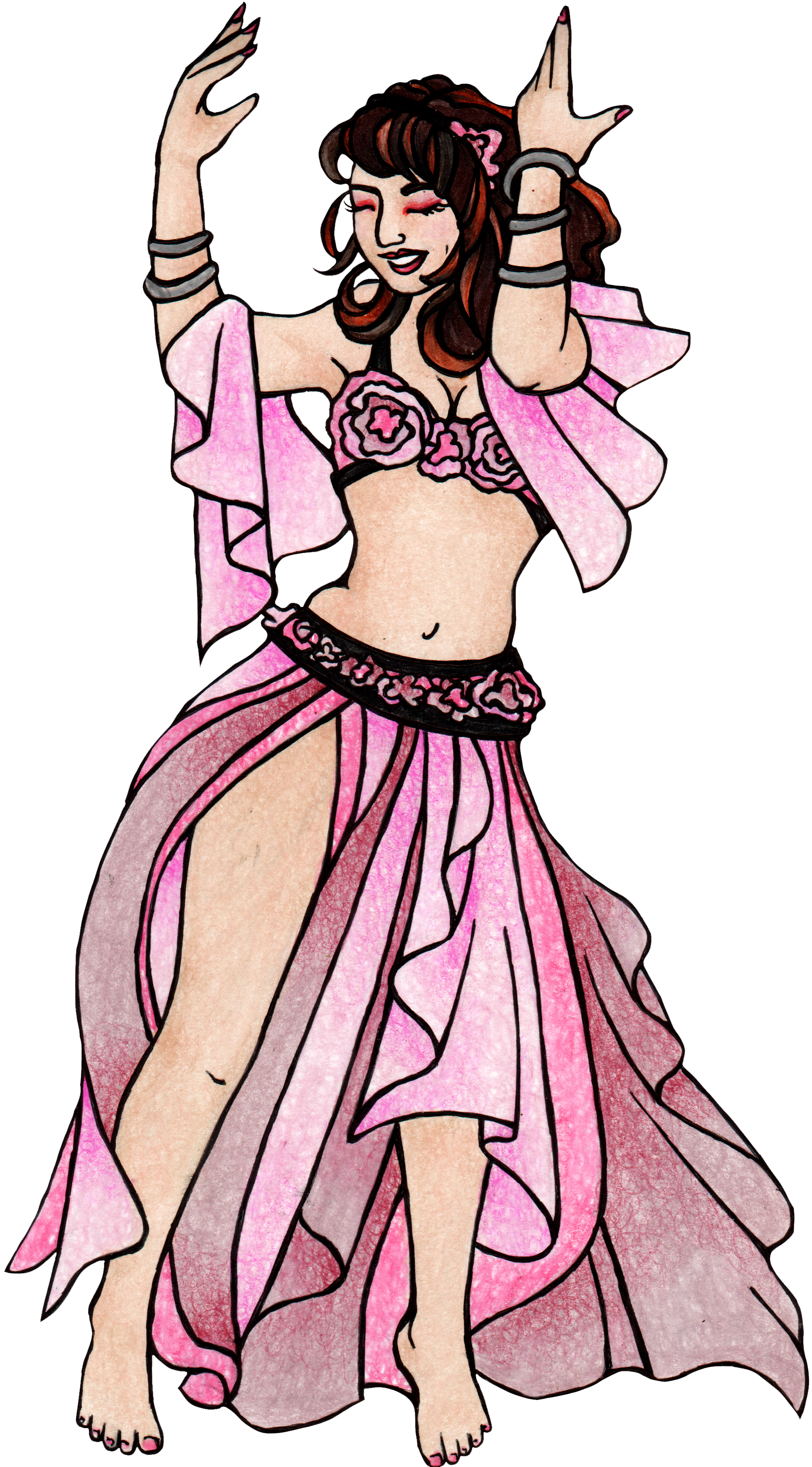 A woman in a pink, flowing belly-dancing costume with flower details, exposed midriff, and jewelry, dancing with her arms raised and eyes closed.