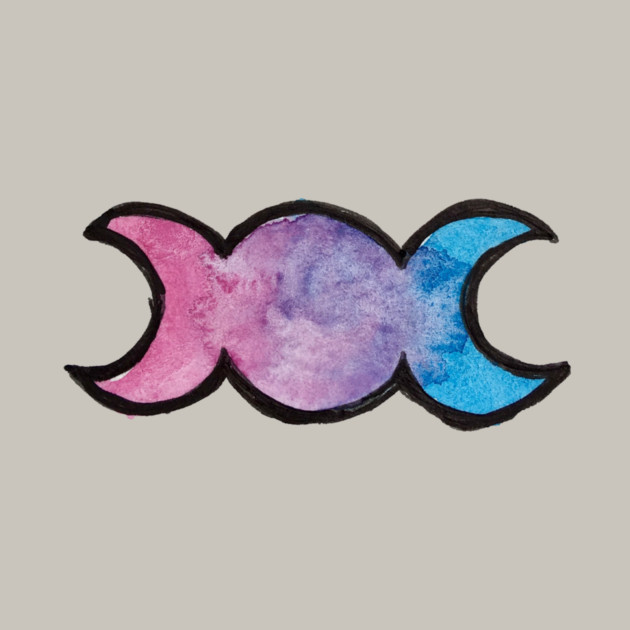 Watercolor illustration of a triple moon symbol with pink, purple, and blue colors, outlined in black.
