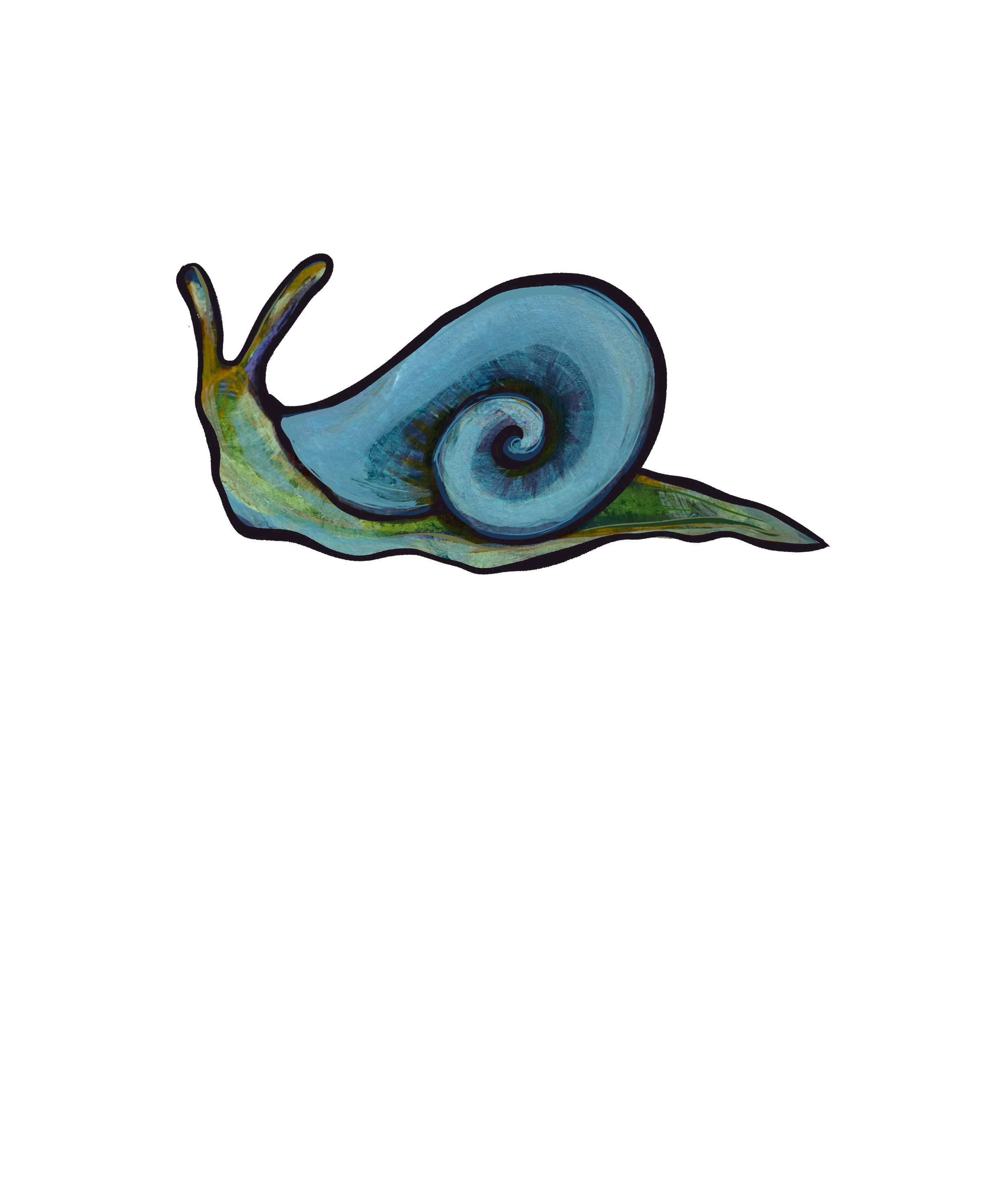 Illustration of a blue and green snail with a spiral shell and extended antennae.