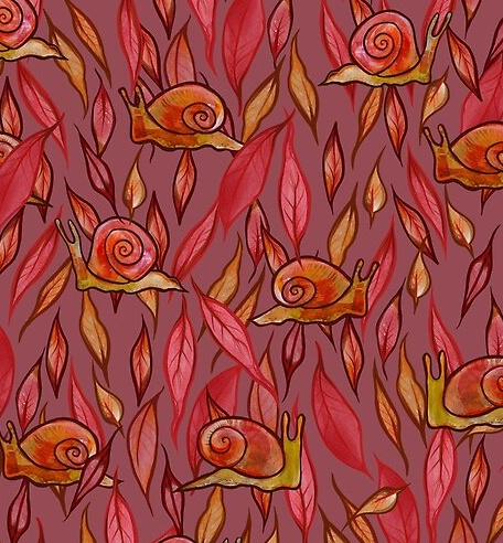Pattern of orange and yellow snails amidst red and pink leaves on a brown background.
