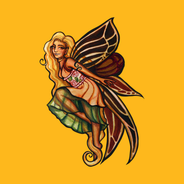 Fantasy illustration of a fairy with long blonde hair, butterfly wings, and wearing a floral dress, set against a yellow background.
