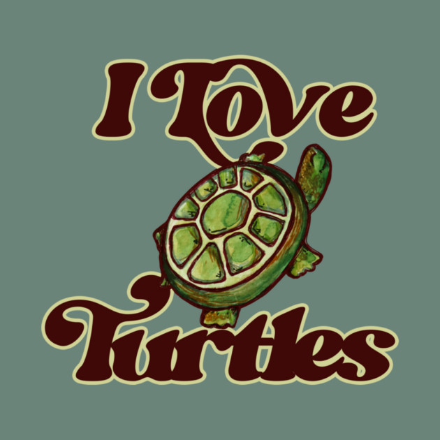 An illustration of a turtle with a segmented shell, surrounded by the text 'I Love Turtles' on a green background.