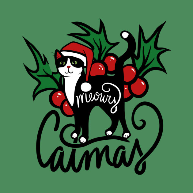 A black cat wearing a Santa hat, with holly leaves and red berries in the background. The cat has the words 'Merry Christmas' written on its body, and the word 'Catmas' is written below it in a decorative font.