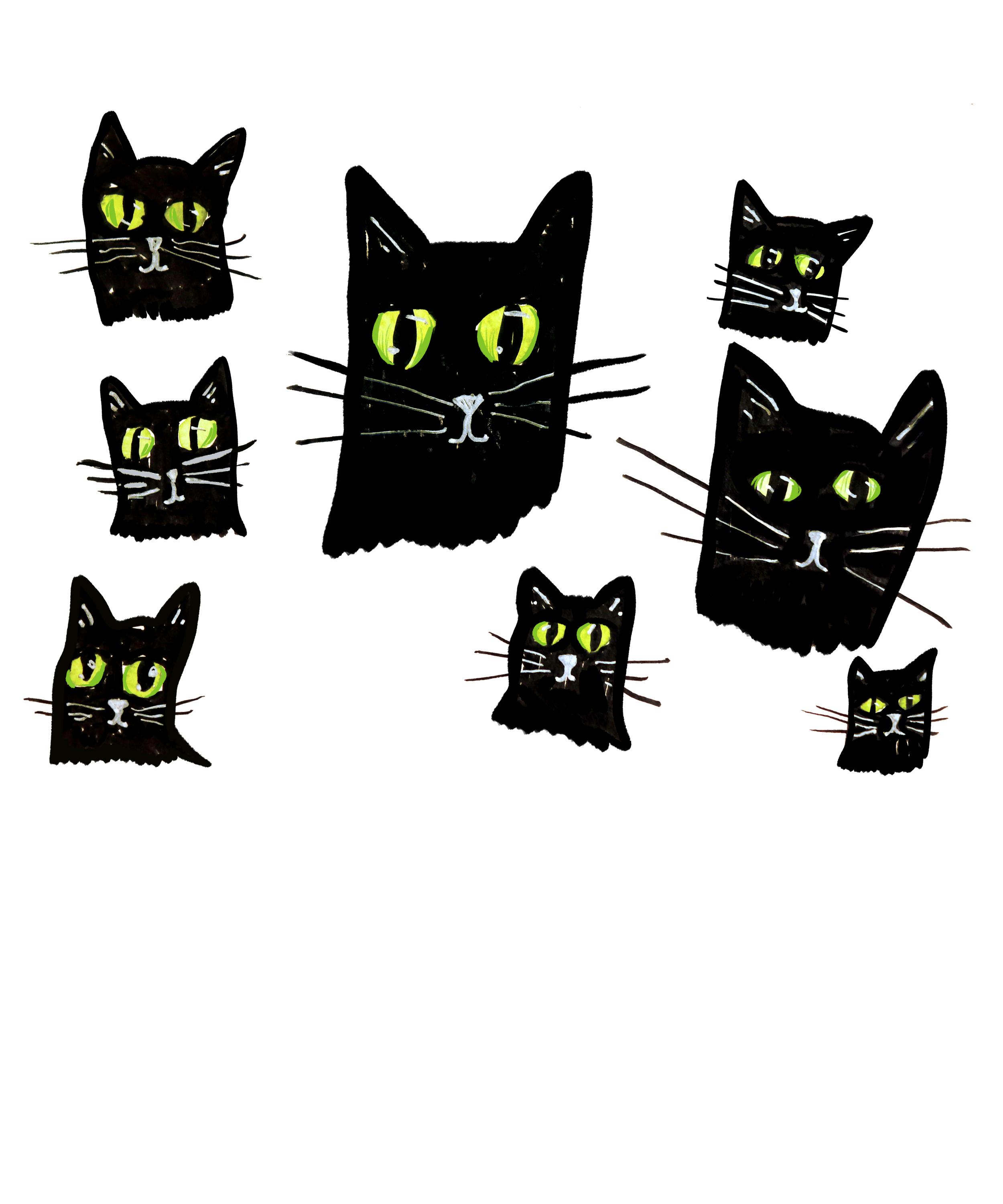 Several black cats with green eyes and white whiskers drawn on a dark background.