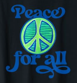 A peace symbol with the words "Peace for all" in blue text above and below it.