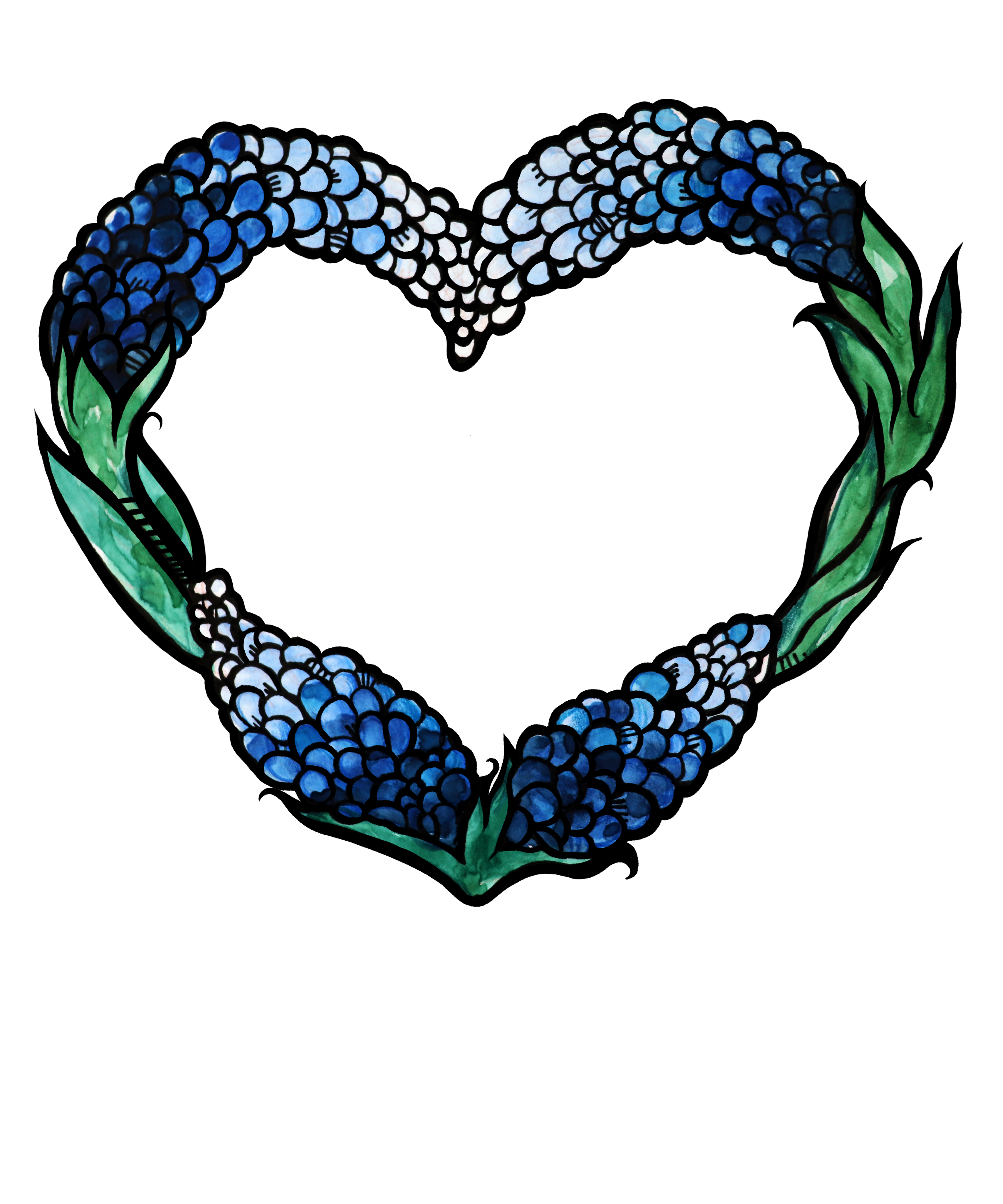 A black heart shape surrounded by blue and green leaf and flower designs.