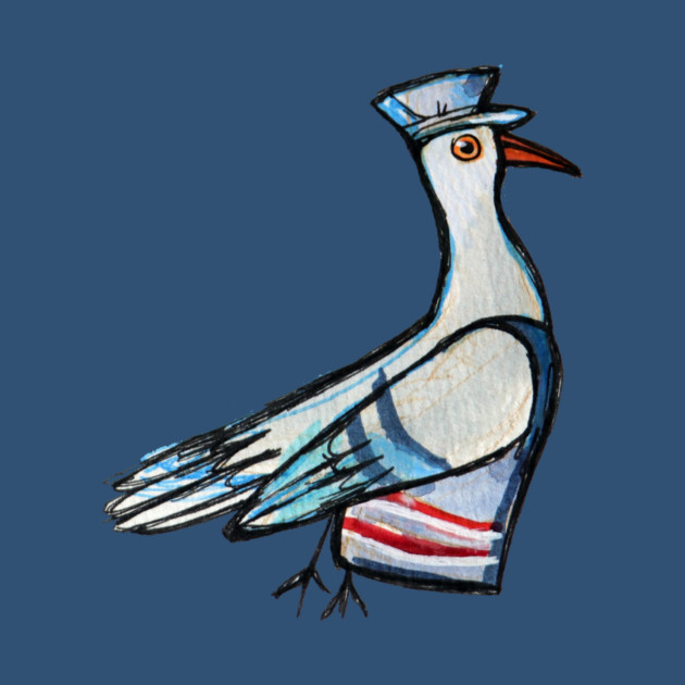 Stylized illustration of a mail carrier pigeon USPS outfit mail carry humor , against a dark blue background.