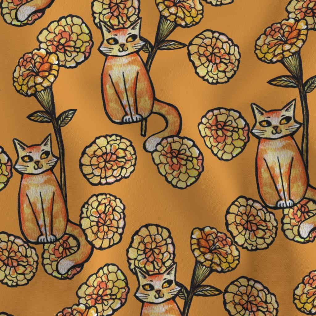 A pattern featuring cartoon-style orange cats with black eyes and white paws, sitting among yellow and orange flowers with dark stems and leaves on an orange background.