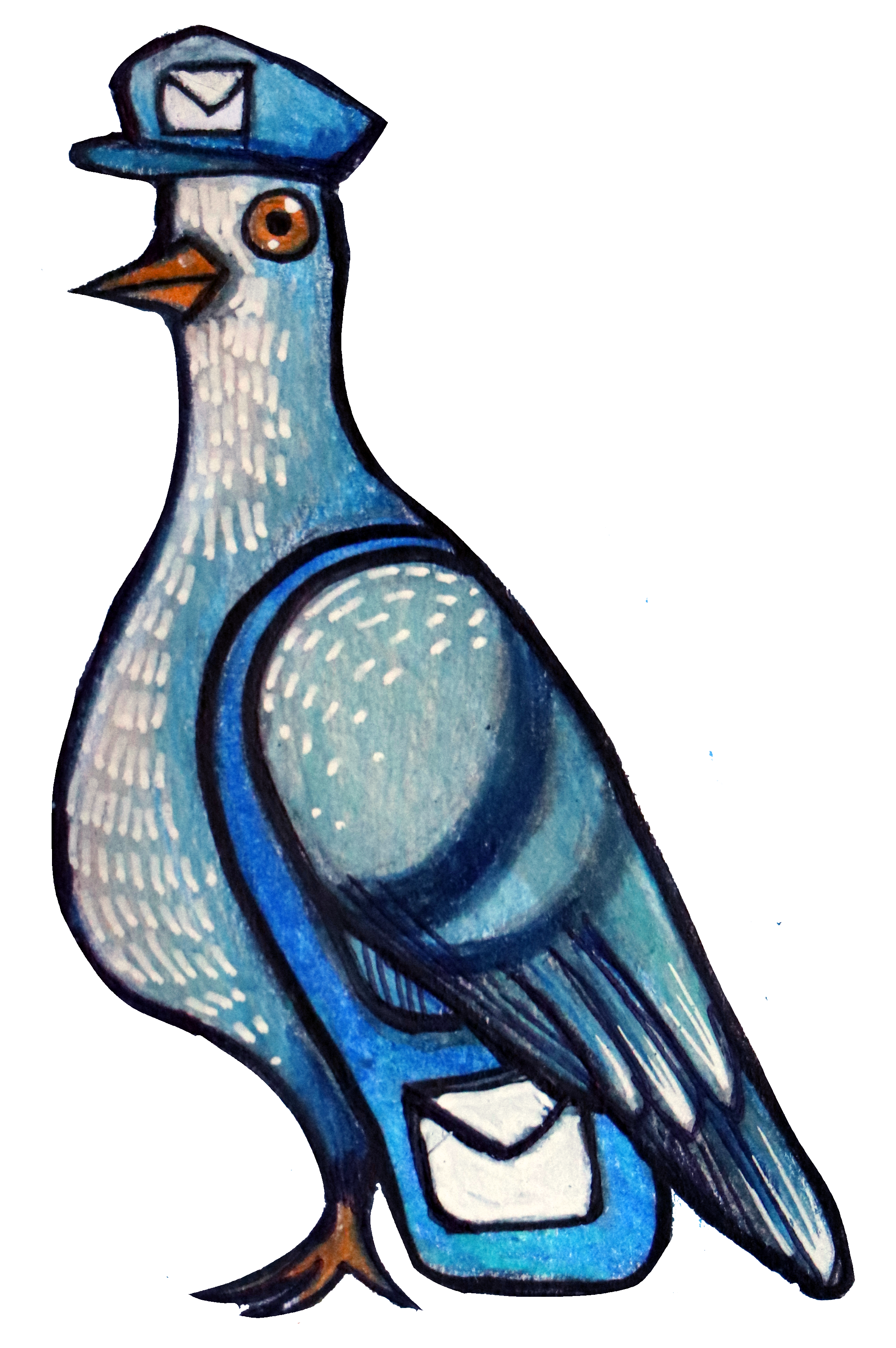 Colorful illustration of a blue bird with a mail emblem on its hat, holding a letter, representing mail delivery or communication.