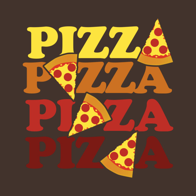 A graphic design with the word 'PIZZA' repeated four times in yellow, brown, red, and dark red text, each topped with a slice of pizza featuring pepperoni.