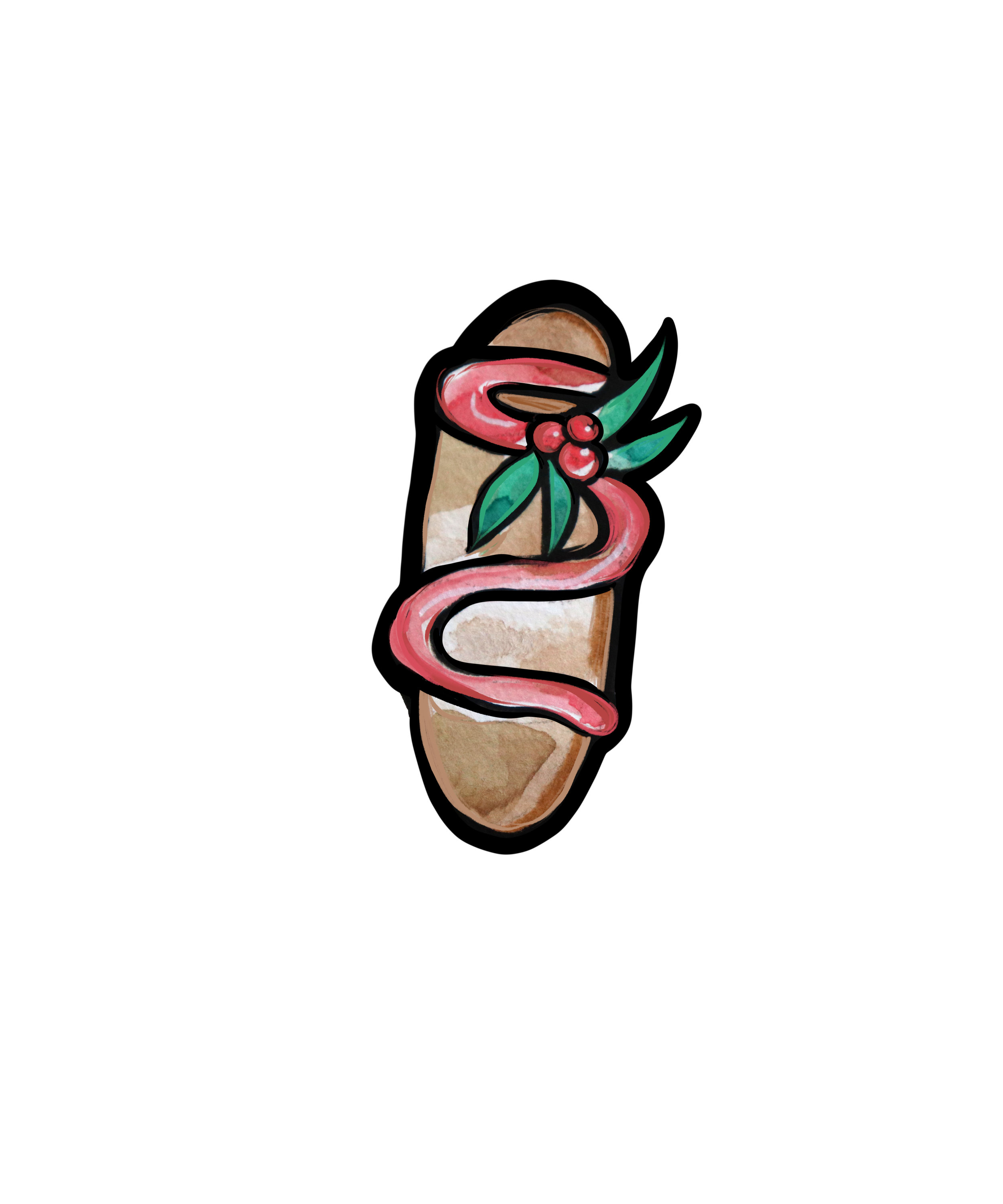 Decorative tattoo-style illustration of a brown bread loaf with a red snake coiled around it, green leaves, and red berries.