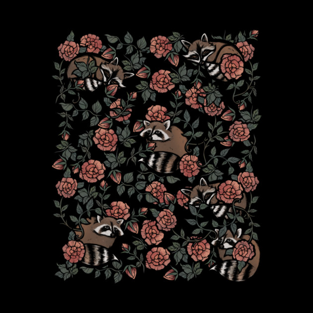 Illustration of six raccoons lying among pink roses and green leaves on a black background.
